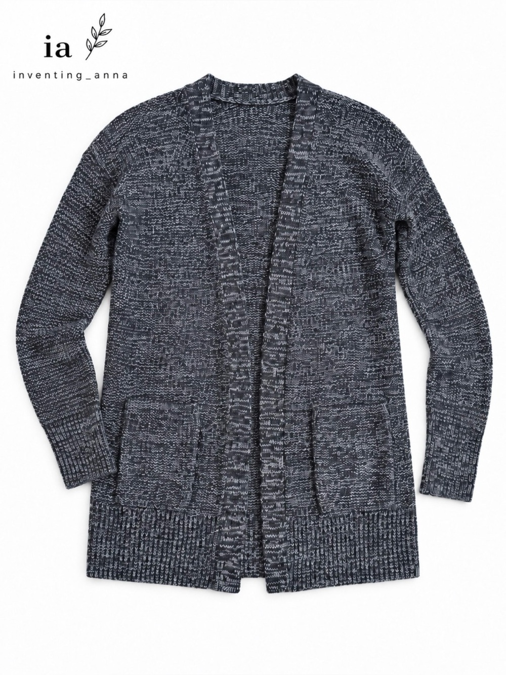 SO Navy Gray Marled Open Front Longline Cardigan Sweater with Pockets